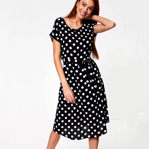 JDY Star Polka Dot Short Sleeve Midi Dress in Black - Picture 1 of 10
